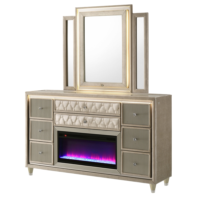 Pemberly Row 8-drawer Wood LED Flame Box Dresser with Mirror in Ivory/Camel