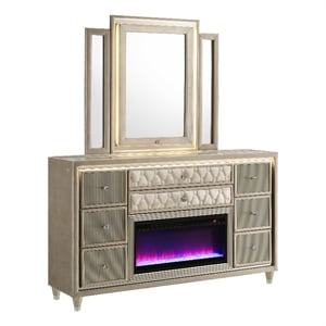 Pemberly Row 8-drawer Wood LED Flame Box Dresser with Mirror in Ivory/Camel