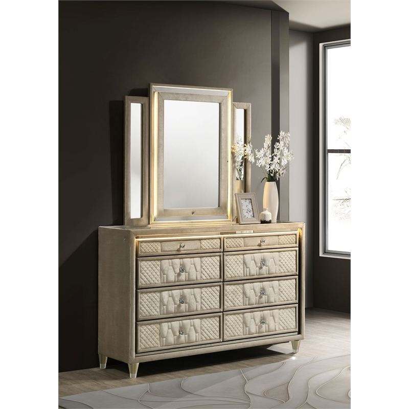 Pemberly Row 8-drawer Wood LED Dresser with Mirror in Ivory/Camel
