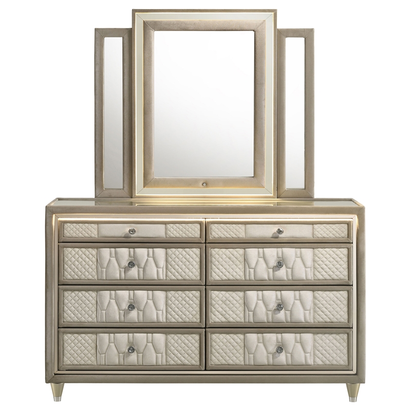 Pemberly Row 8-drawer Wood LED Dresser with Mirror in Ivory/Camel