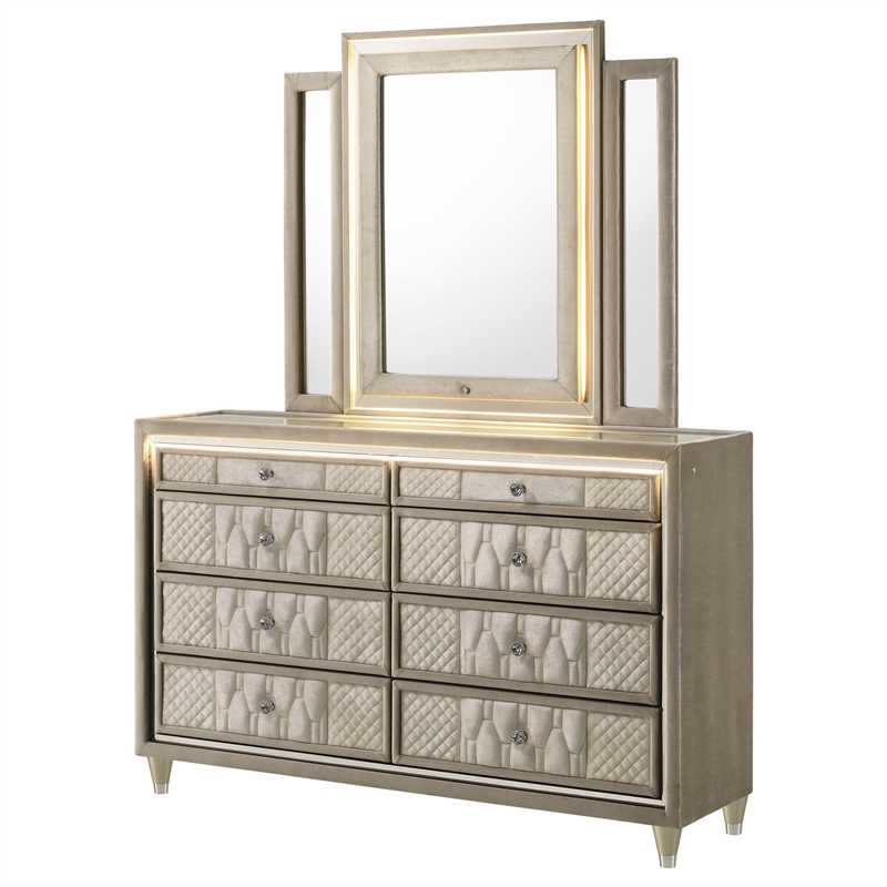 Pemberly Row 8-drawer Wood LED Dresser with Mirror in Ivory/Camel
