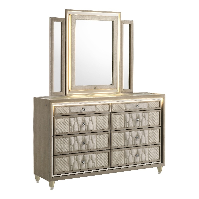 Pemberly Row 8-drawer Wood LED Dresser with Mirror in Ivory/Camel