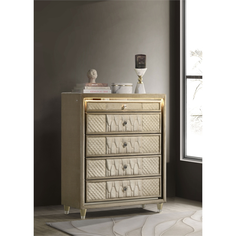 Pemberly Row 5-drawer Traditional Wood LED Chest in Ivory/Camel