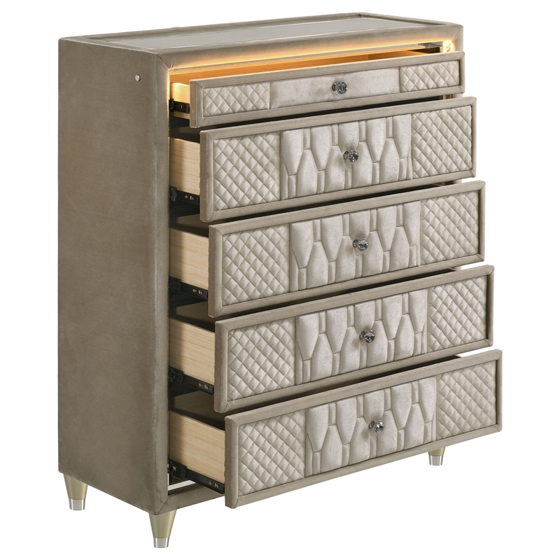 Pemberly Row 5-drawer Traditional Wood LED Chest in Ivory/Camel