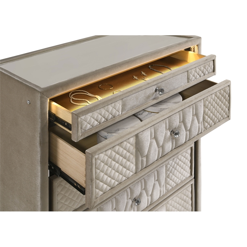 Pemberly Row 5-drawer Traditional Wood LED Chest in Ivory/Camel