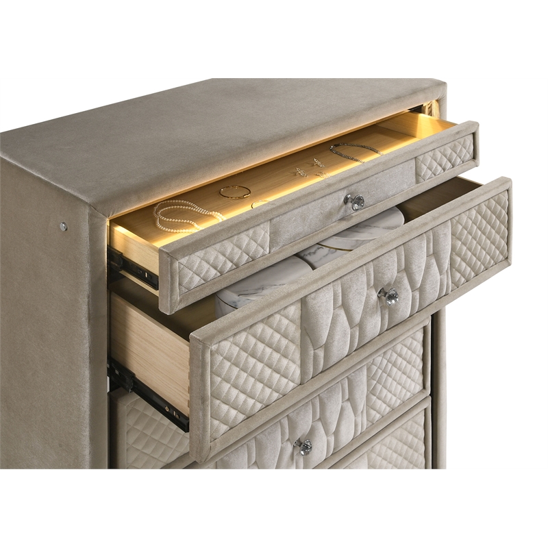 Pemberly Row 5-drawer Traditional Wood LED Chest in Ivory/Camel