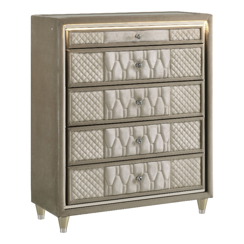 Pemberly Row 5-drawer Traditional Wood LED Chest in Ivory/Camel