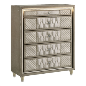 Pemberly Row 5-drawer Traditional Wood LED Chest in Ivory/Camel