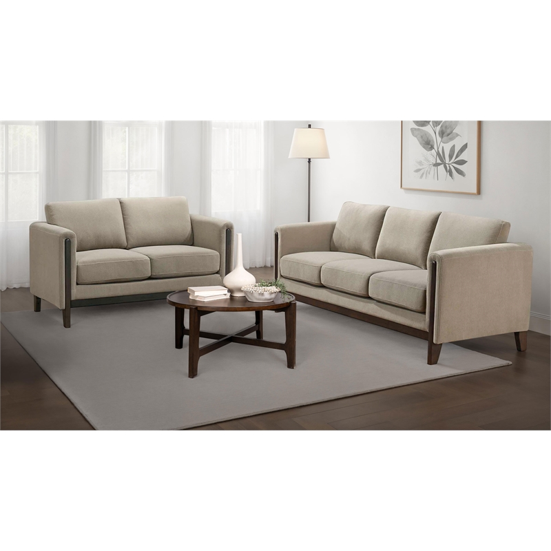 Pemberly Row 2-Piece Upholstered Fabric Panel Arm Sofa Set in Taupe Brown