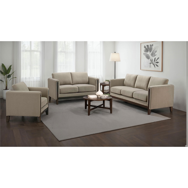 Pemberly Row 3-Piece Upholstered Fabric Panel Arm Sofa Set in Taupe Brown