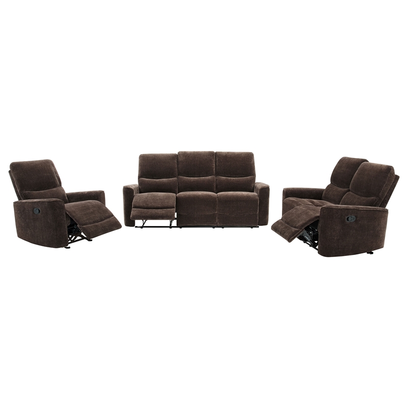 Pemberly Row 3-Piece Upholstered Chenille Reclining Sofa Set in Dark Brown