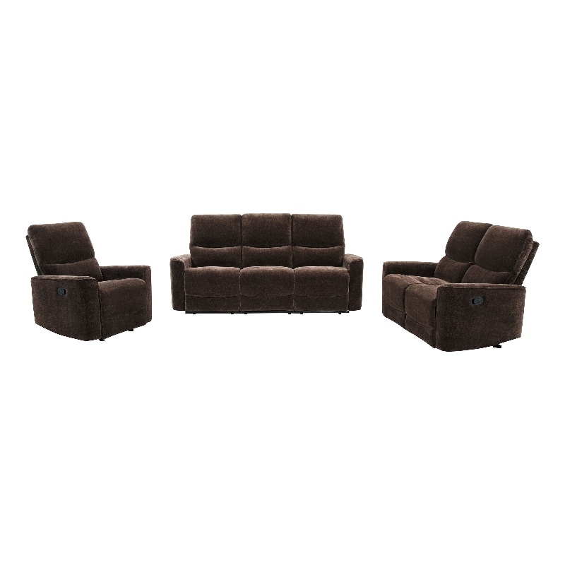 Pemberly Row 3-Piece Upholstered Chenille Reclining Sofa Set in Dark Brown
