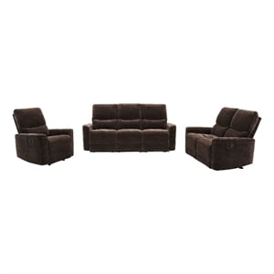 Pemberly Row 3-Piece Upholstered Chenille Reclining Sofa Set in Dark Brown
