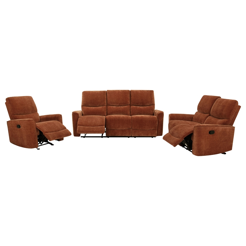 Pemberly Row 3-Piece Chenille Reclining Sofa Set in Burnt Orange