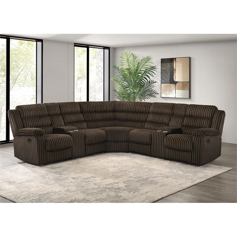 Pemberly Row Upholstered Fabric Reclining Sectional Sofa in Chocolate Brown