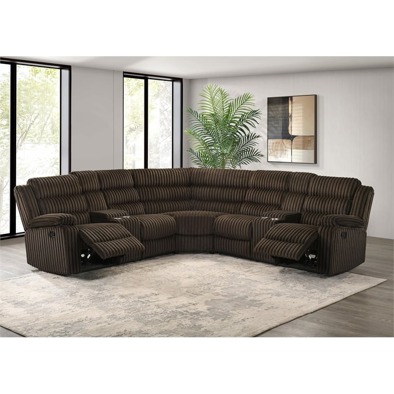 Pemberly Row Upholstered Fabric Reclining Sectional Sofa in Chocolate Brown