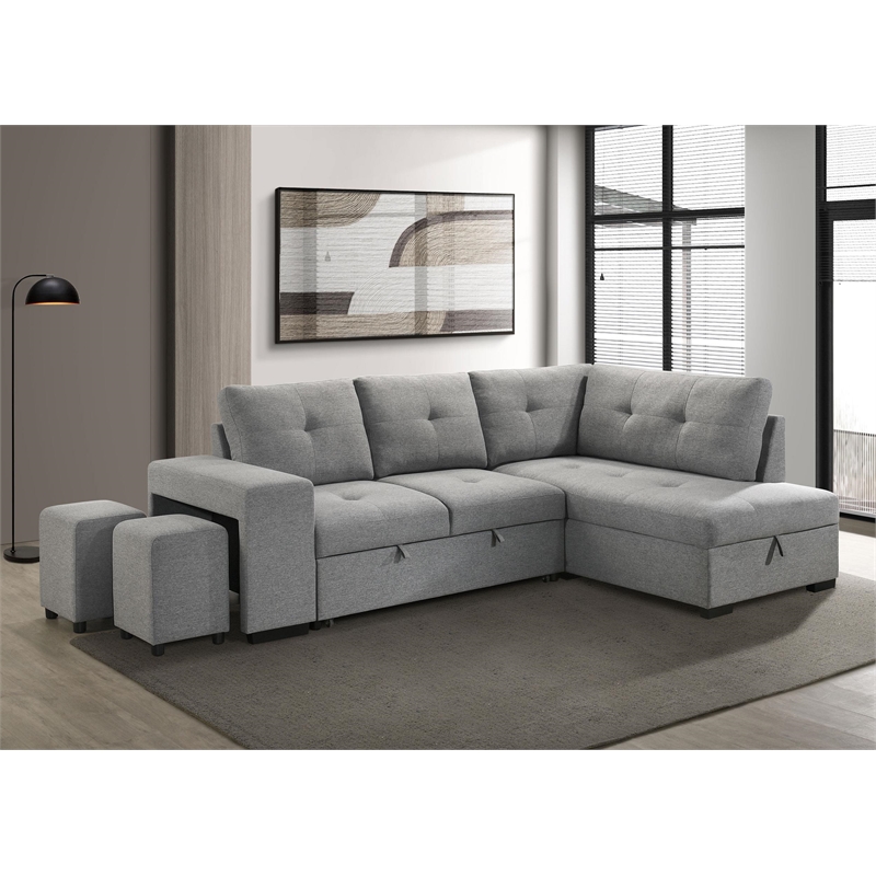 Pemberly Row Transitional Upholstered Fabric Sleeper Sectional Sofa in Gray
