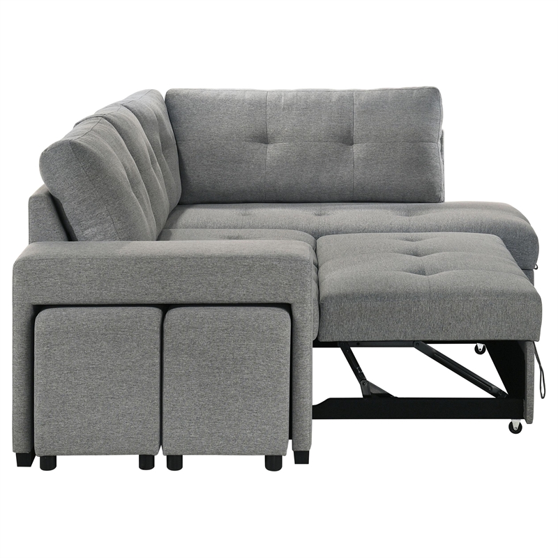 Pemberly Row Transitional Upholstered Fabric Sleeper Sectional Sofa in Gray