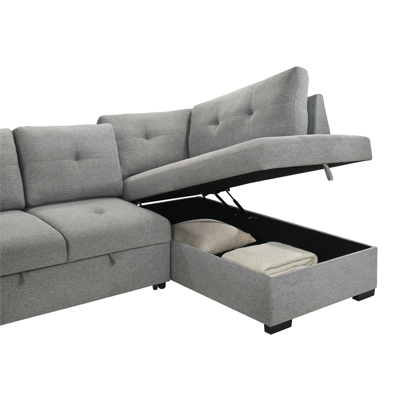 Pemberly Row Transitional Upholstered Fabric Sleeper Sectional Sofa in Gray