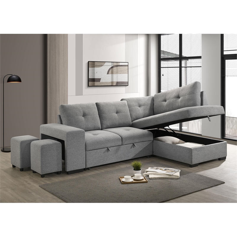 Pemberly Row Transitional Upholstered Fabric Sleeper Sectional Sofa in Gray