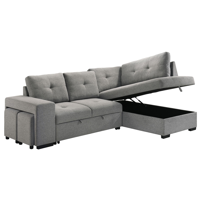Pemberly Row Transitional Upholstered Fabric Sleeper Sectional Sofa in Gray