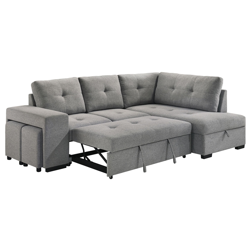Pemberly Row Transitional Upholstered Fabric Sleeper Sectional Sofa in Gray