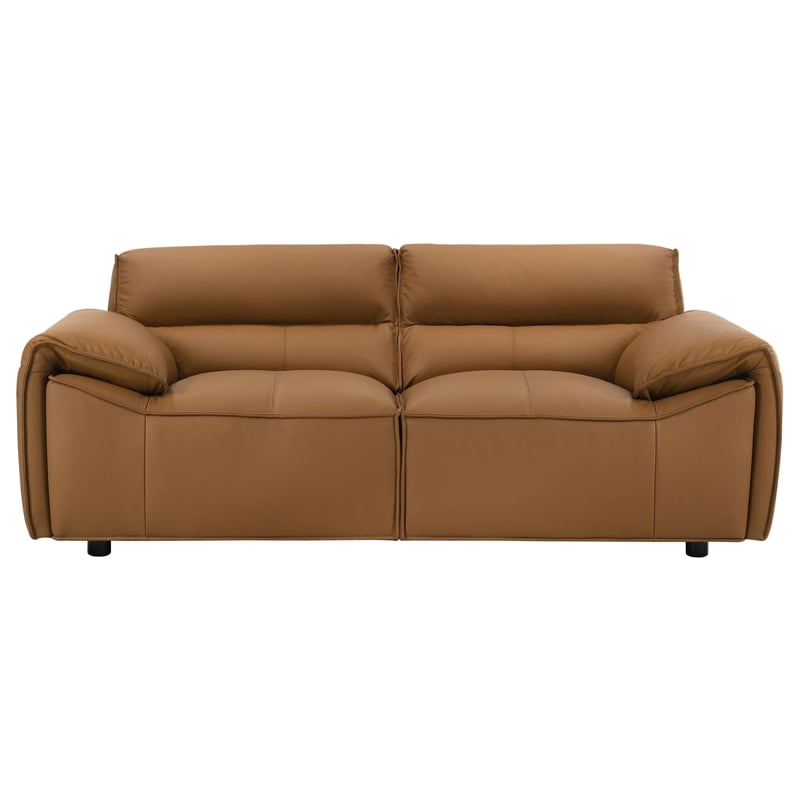 Pemberly Row Contemporary Padded Top Grain Leather Loveseat in Orange