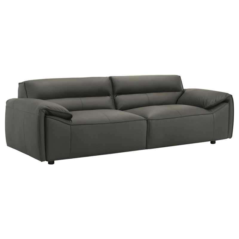 Pemberly Row Contemporary Padded Top Grain Leather Sofa in Graphite Gray
