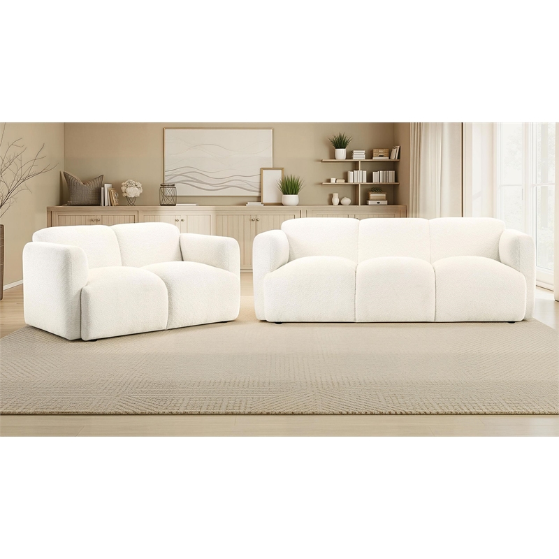 Pemberly Row 2-Piece Contemporary Fabric Round Track Arm Sofa Set in White