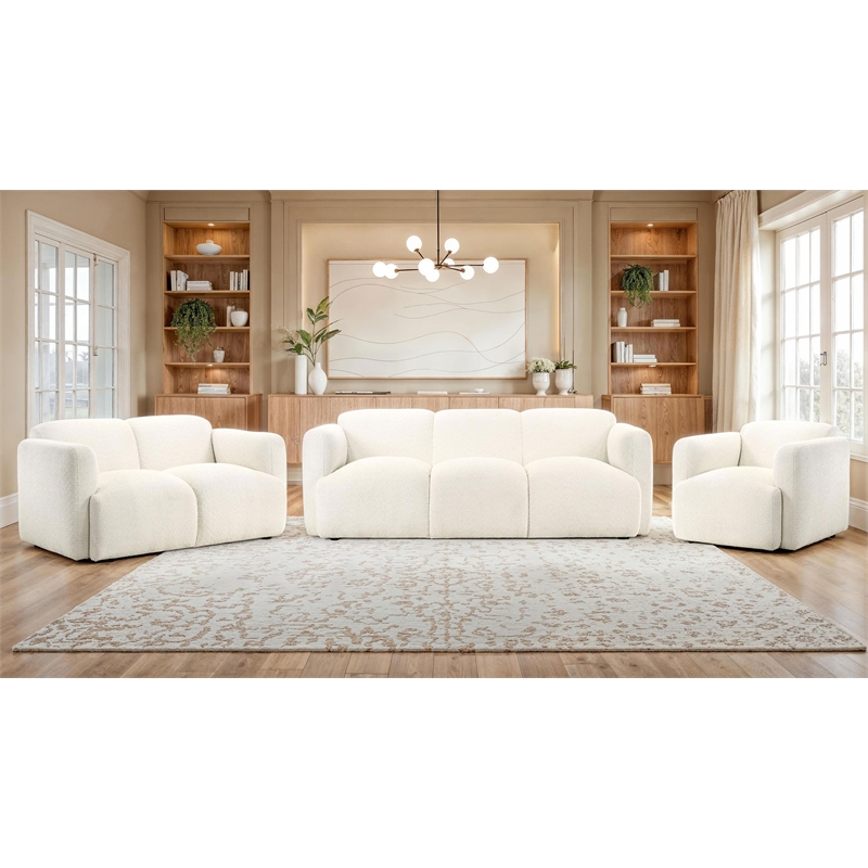 Pemberly Row 3-Piece Contemporary Fabric Round Track Arm Sofa Set in White