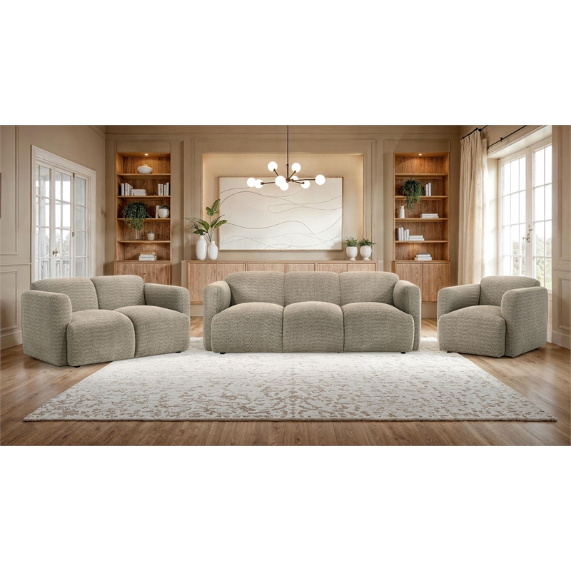 Pemberly Row 3-Piece Contemporary Fabric Round Track Arm Sofa Set in Brown