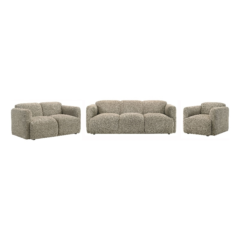 Pemberly Row 3-Piece Contemporary Fabric Round Track Arm Sofa Set in Brown