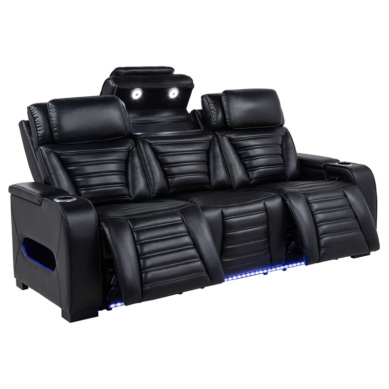 Pemberly Row Faux Leather Dual Power Reclining LED Sofa in Black