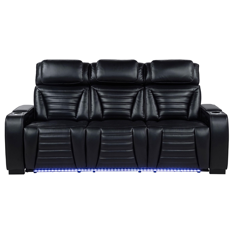 Pemberly Row Faux Leather Dual Power Reclining LED Sofa in Black