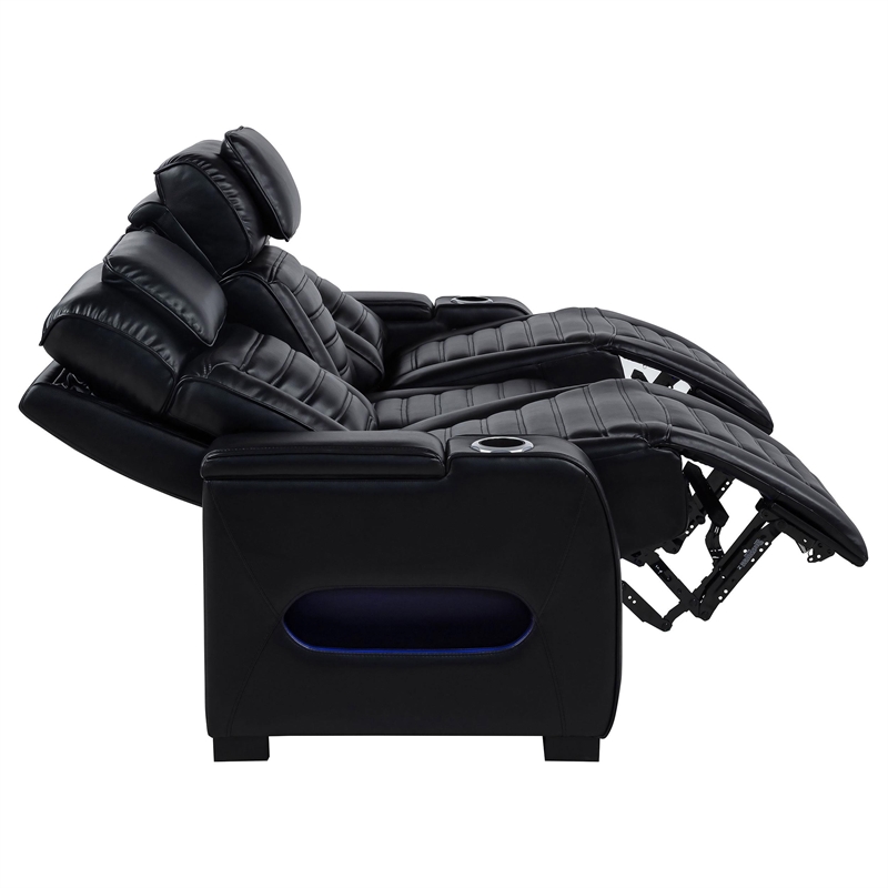 Pemberly Row Faux Leather Dual Power Reclining LED Sofa in Black