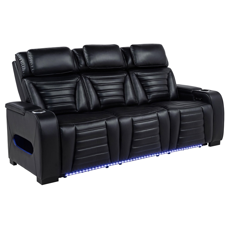 Pemberly Row Faux Leather Dual Power Reclining LED Sofa in Black