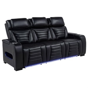 Pemberly Row Faux Leather Dual Power Reclining LED Sofa in Black