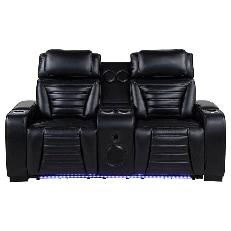 Pemberly Row Faux Leather Dual Power Reclining LED Loveseat in Black