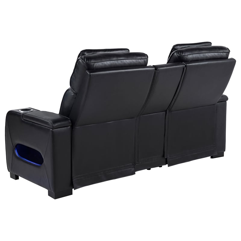 Pemberly Row Faux Leather Dual Power Reclining LED Loveseat in Black