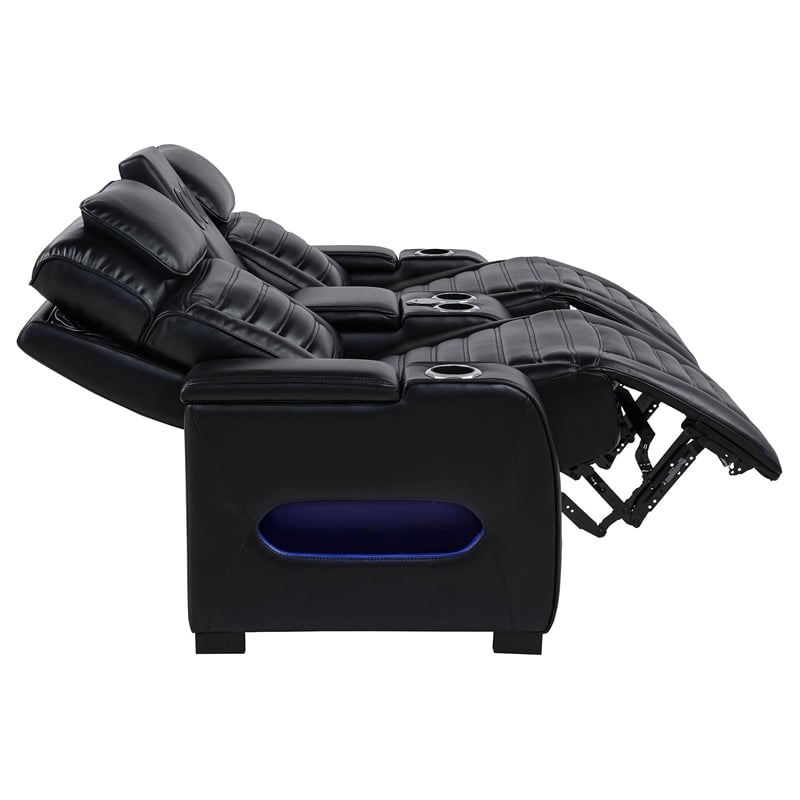 Pemberly Row Faux Leather Dual Power Reclining LED Loveseat in Black
