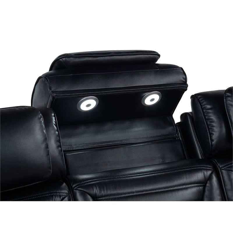 Pemberly Row Faux Leather Dual Power Reclining LED Loveseat in Black