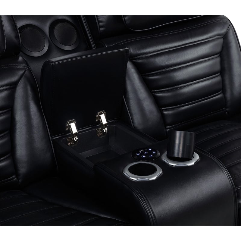Pemberly Row Faux Leather Dual Power Reclining LED Loveseat in Black