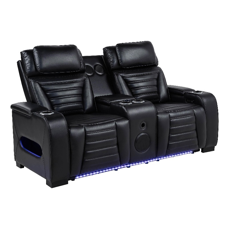 Pemberly Row Faux Leather Dual Power Reclining LED Loveseat in Black