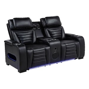 Pemberly Row Faux Leather Dual Power Reclining LED Loveseat in Black