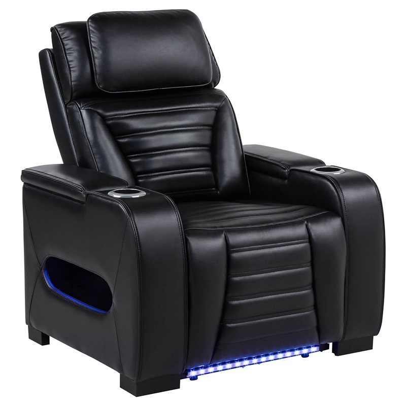Pemberly Row Contemporary Faux Leather Dual Power LED Recliner in Black