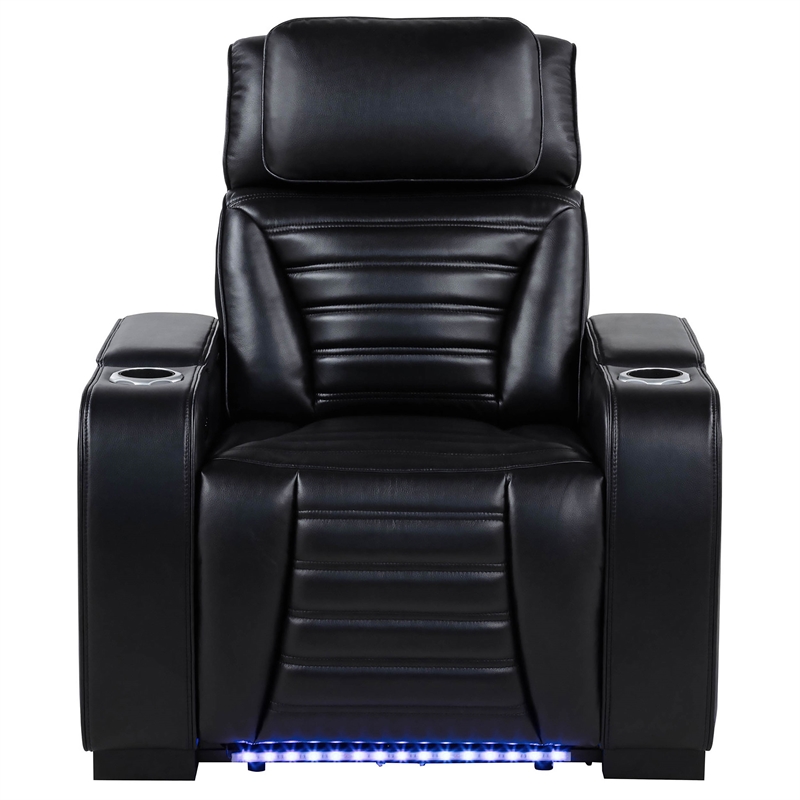 Pemberly Row Contemporary Faux Leather Dual Power LED Recliner in Black