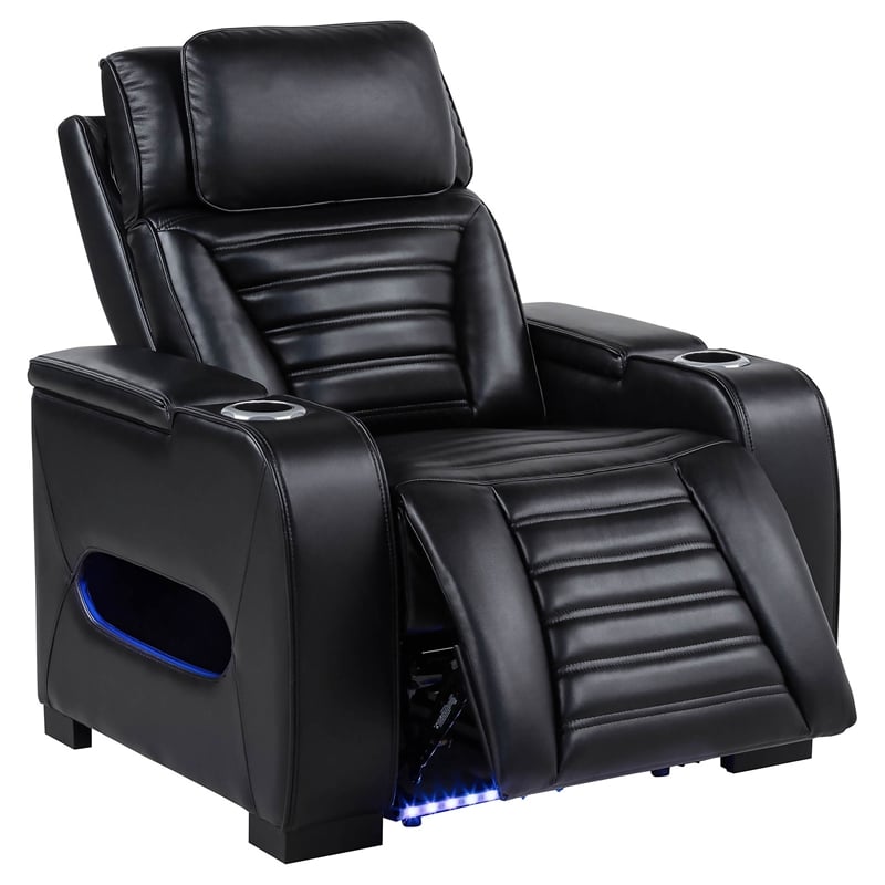 Pemberly Row Contemporary Faux Leather Dual Power LED Recliner in Black