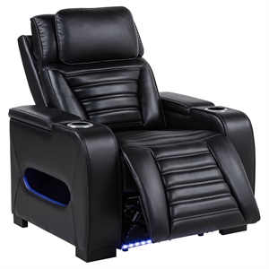 Pemberly Row Contemporary Faux Leather Dual Power LED Recliner in Black