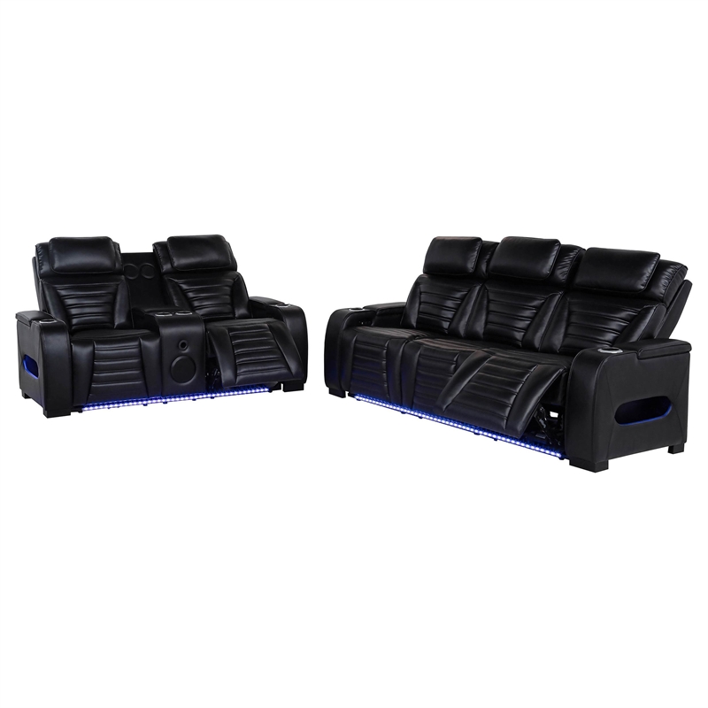 Pemberly Row 2-Piece Faux Leather Dual Power LED Sofa Set in Black