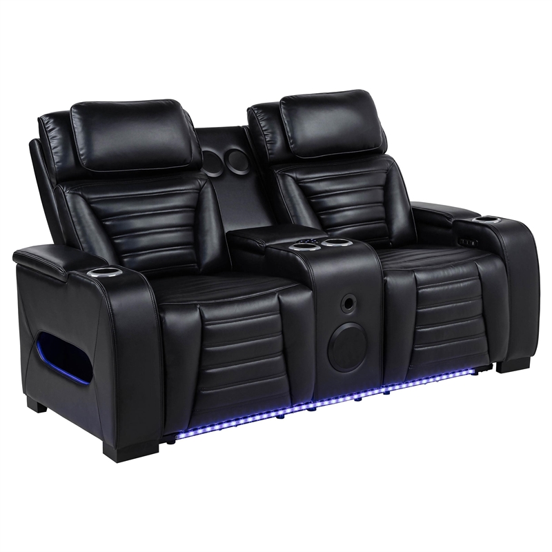 Pemberly Row 2-Piece Faux Leather Dual Power LED Sofa Set in Black